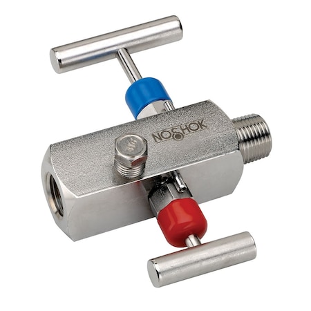 2 Valve Block & Bleed, Hard Seat, 1/2 NPT Male - 1/2 NPT Female, Steel, 0.187" Orifice, PTFE Packing, Non-Rotating V Tip Stem